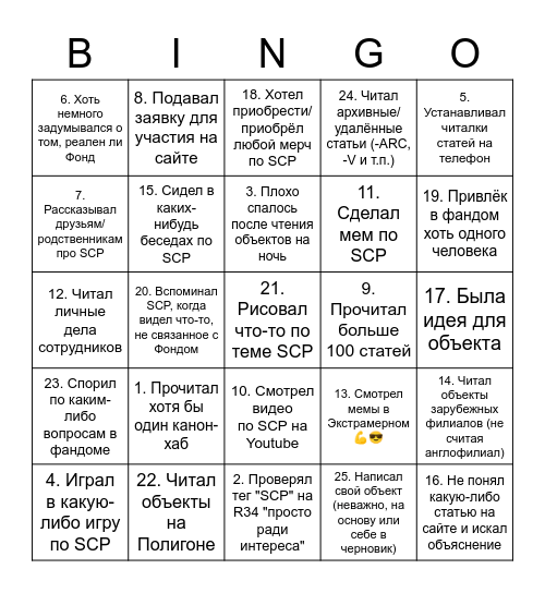 Бинго SCP фаната Bingo Card