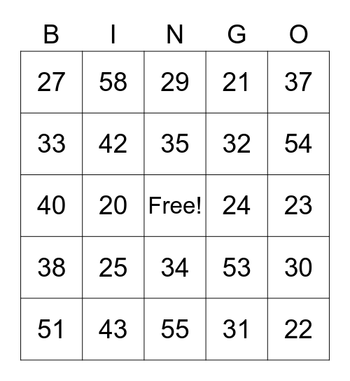 Numbers 21 through 59 Bingo Card