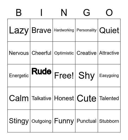 Personal Traits Bingo Card