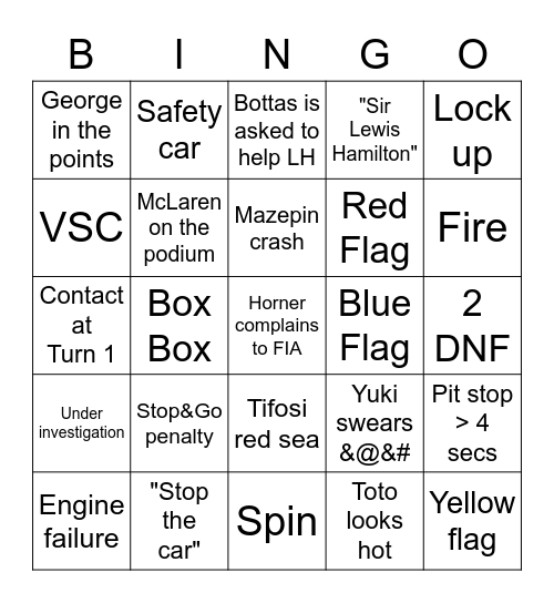 F1 MONACO GP 2021 Bingo Card