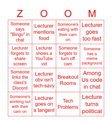 Week 3: Zoom University Bingo Card