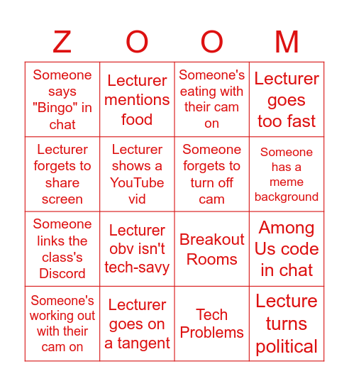 Week 3: Zoom University Bingo Card