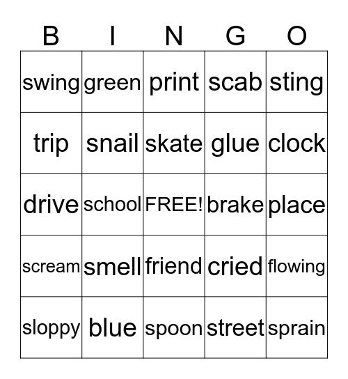 Consonant Cluster Bingo Card