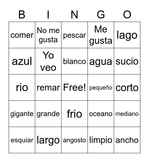 Vocabulario de CUerpos de Agua Bingo Card