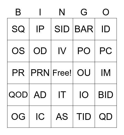 Medical Abbreviations Bingo Card