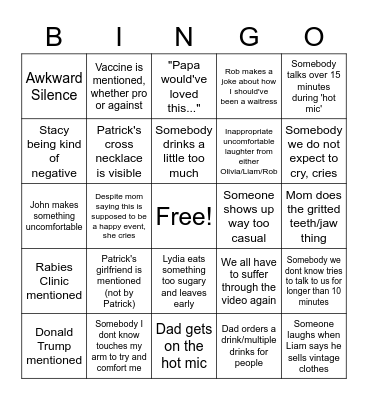 Celebration of Life Bingo Card