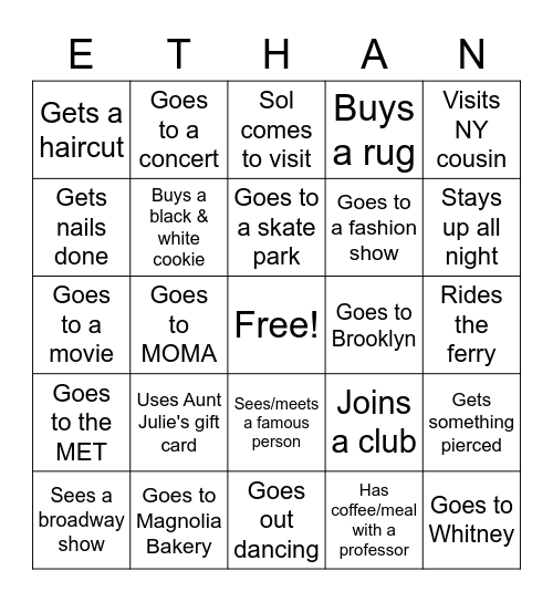 Ethan at FIT Bingo Card