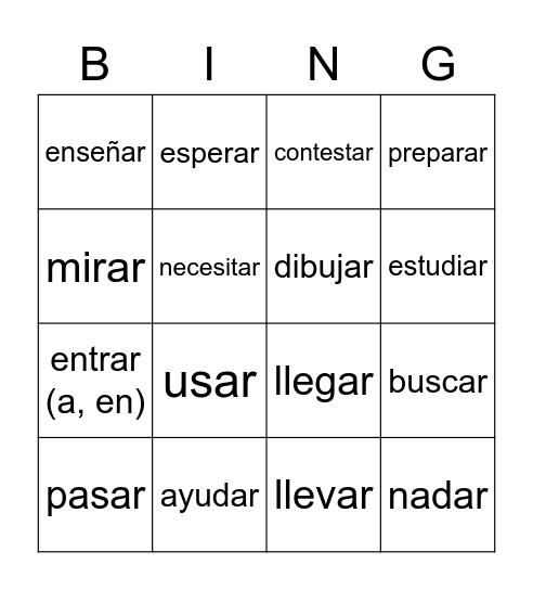 -ar verbs in the present tense Bingo Card