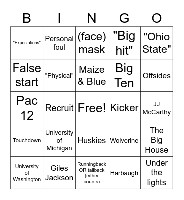 College Football Bingo Card