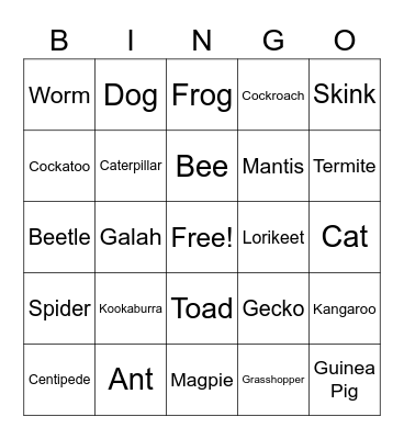 Backyard Animal Bingo Card