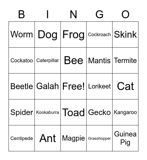 Backyard Animal Bingo Card