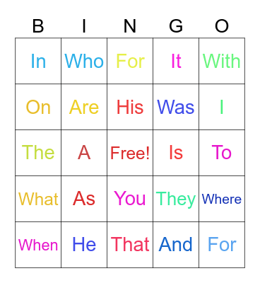 Sight Words Bingo Card