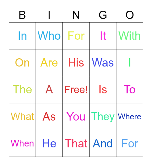 Sight Words Bingo Card