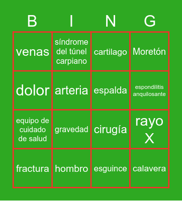 Medical Spanish Loteria Bingo Card