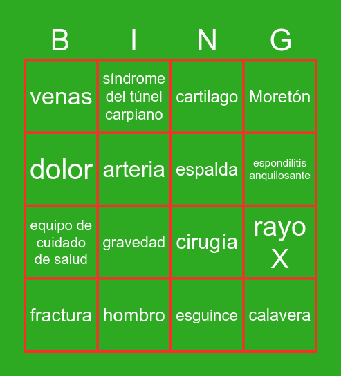 Medical Spanish Loteria Bingo Card
