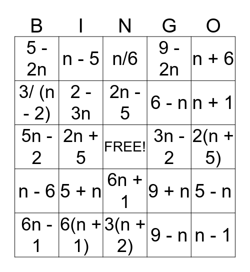 Translation  Verbal to Algebra Bingo Card