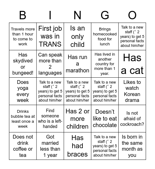 Get to know our TRANS colleagues Bingo Card