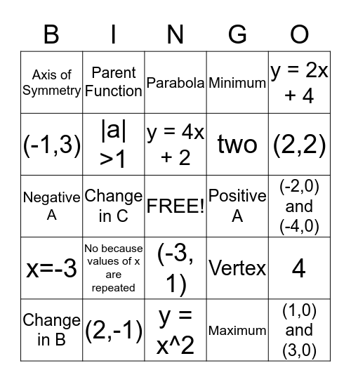 Quadratics Bingo Card