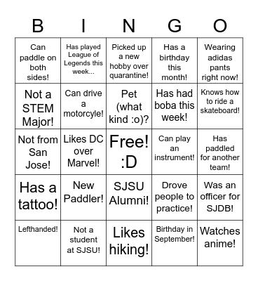 San Jose Dragon Boat Bingo Card