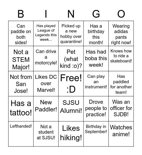 San Jose Dragon Boat Bingo Card