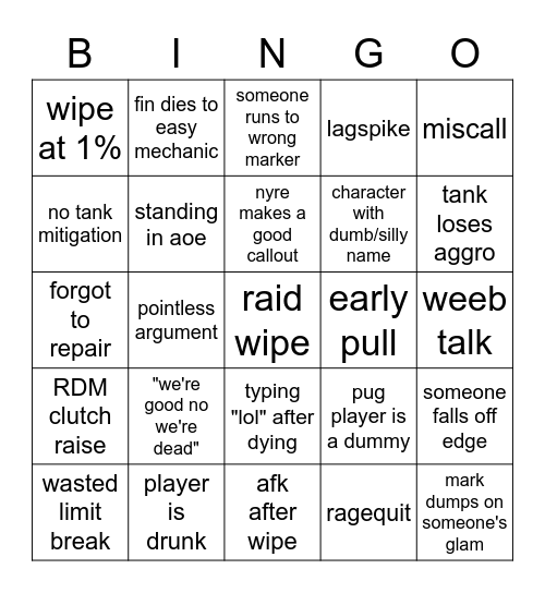 JUMBO Raiding Bingo Card