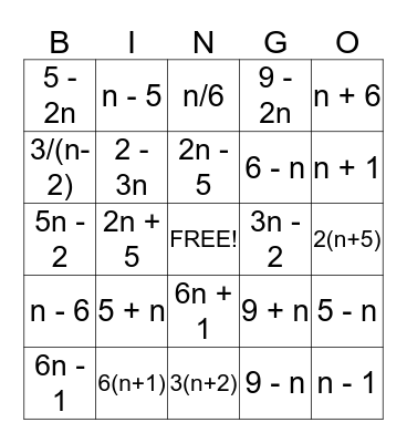 Translation  Verbal to Algebra Bingo Card