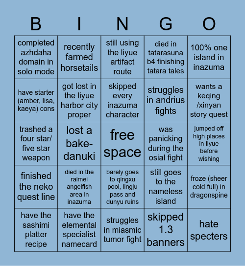 super fun genshin bingo Card