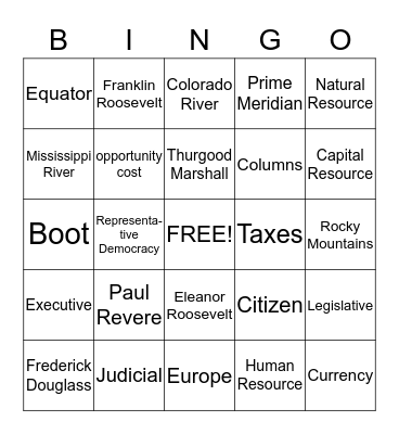 Social Studies Review Bingo Card