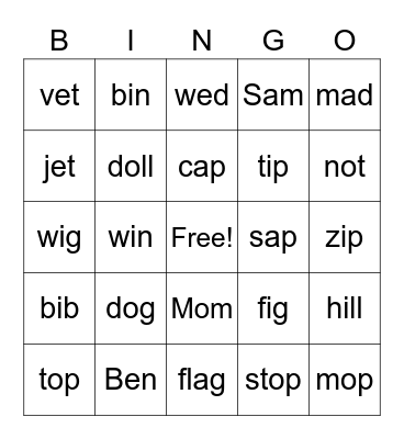 Short Vowels Bingo Card