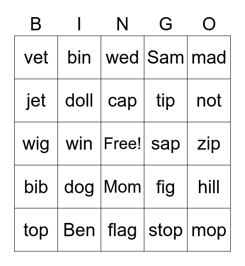 Short Vowels Bingo Card