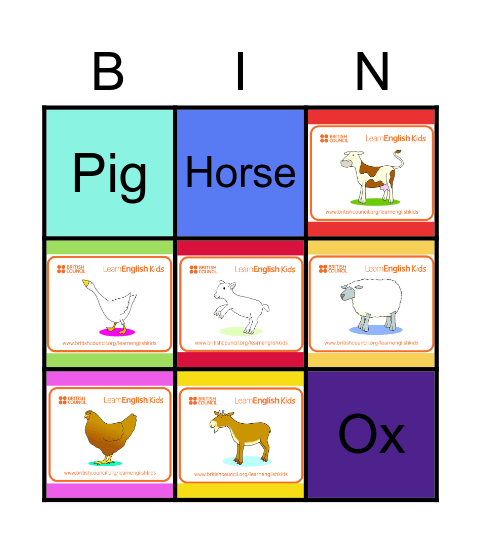 Farm Animals Bingo Card