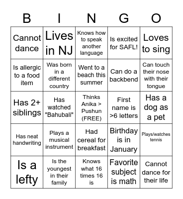 SAFL 101D Bingo Card