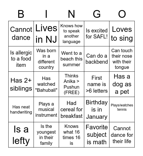 SAFL 101D Bingo Card