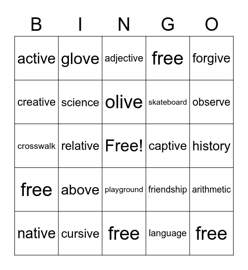Spelling List #5 Bingo Card