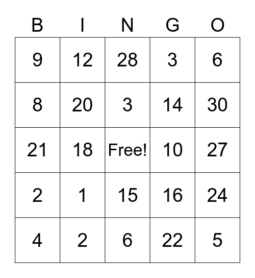 Multiplication Bingo Card