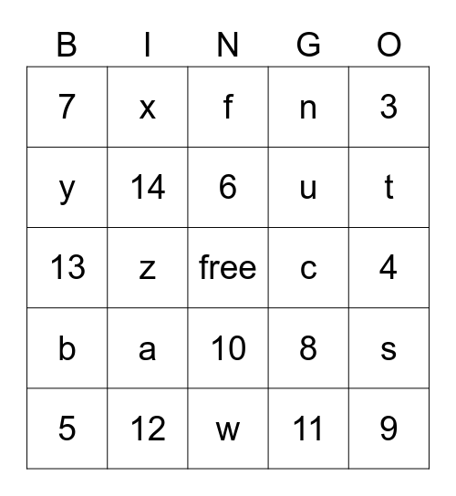 Spanish letters and numbers bingo Card