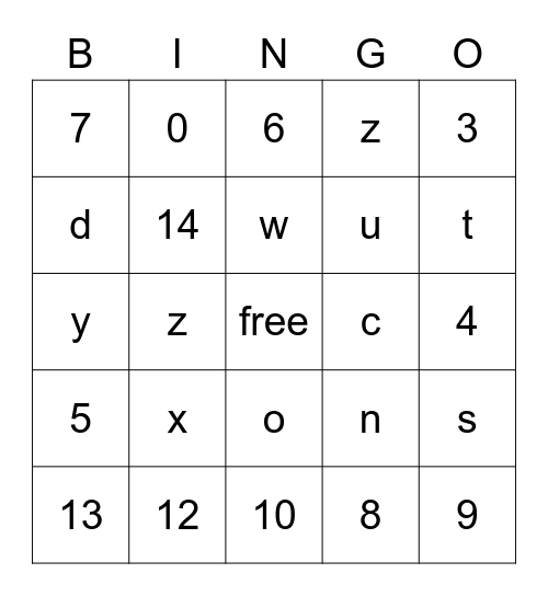 Spanish letters and numbers bingo Card