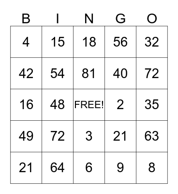 Multiplication Bingo Card