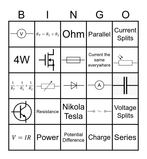 Nat 5 Electricity Revision Bingo Card