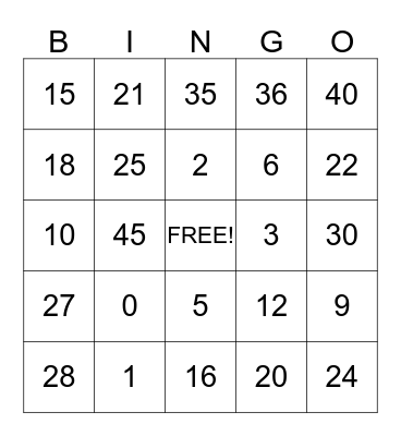 Job Skills Math Bingo Card
