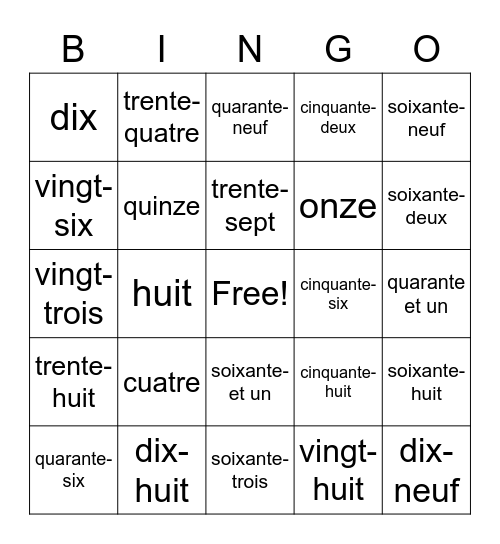 French 1 Bingo Sheet Bingo Card