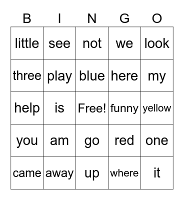 Dolch pre-primer sight words Bingo Card