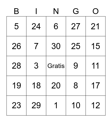 Los Numeros Bingo Card