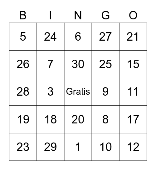 Los Numeros Bingo Card