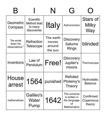 Galileo Bingo Card