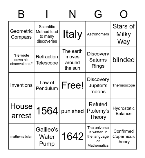 Galileo Bingo Card