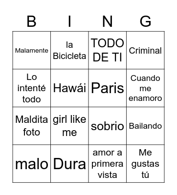Bingo Musical Bingo Card