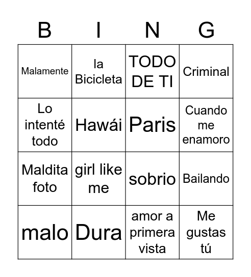 Bingo Musical Bingo Card