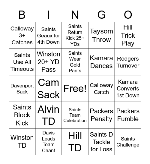 Packers V Saints Bingo Card