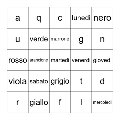 I Colori e i Giorni e le lettere Bingo Card
